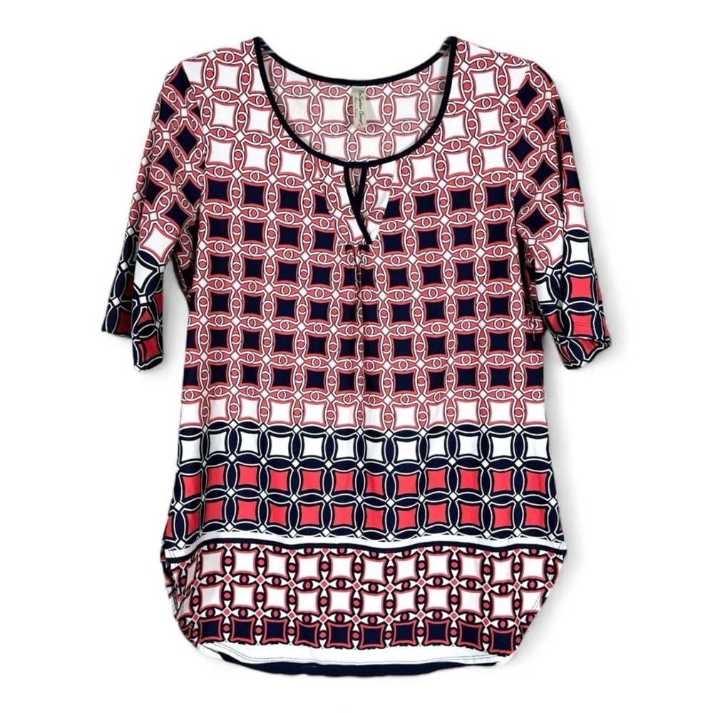 Perseption Concept Tunic Top Womens L Red White Black‎ Geo Half Sleeve Blouse